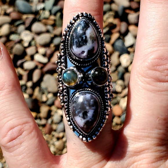 New Zebra Jasper and Labradorite 925 Silver Statement Ring. - Picture 12 of 16